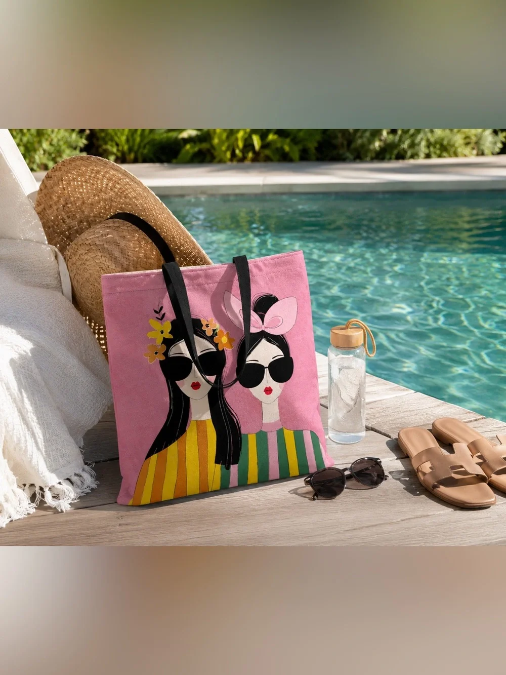 Pink Illustrated Women’s Canvas Tote Bag with Black Handles 💗😎